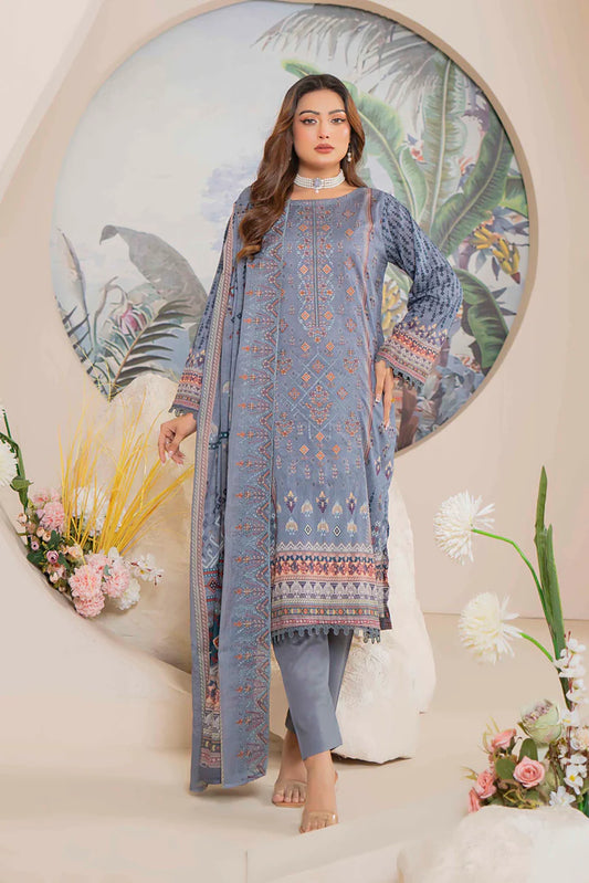 3PC Blue Embroided Lawn Set