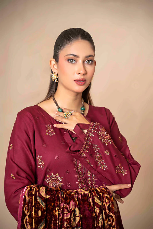 Deep Maroon 3PC  Embroidered Dhanak Suit